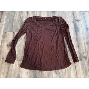 Womens Brown V-Neck Long Sleeve Top Size L Rayon/Spandex Blend Lightweight & Str